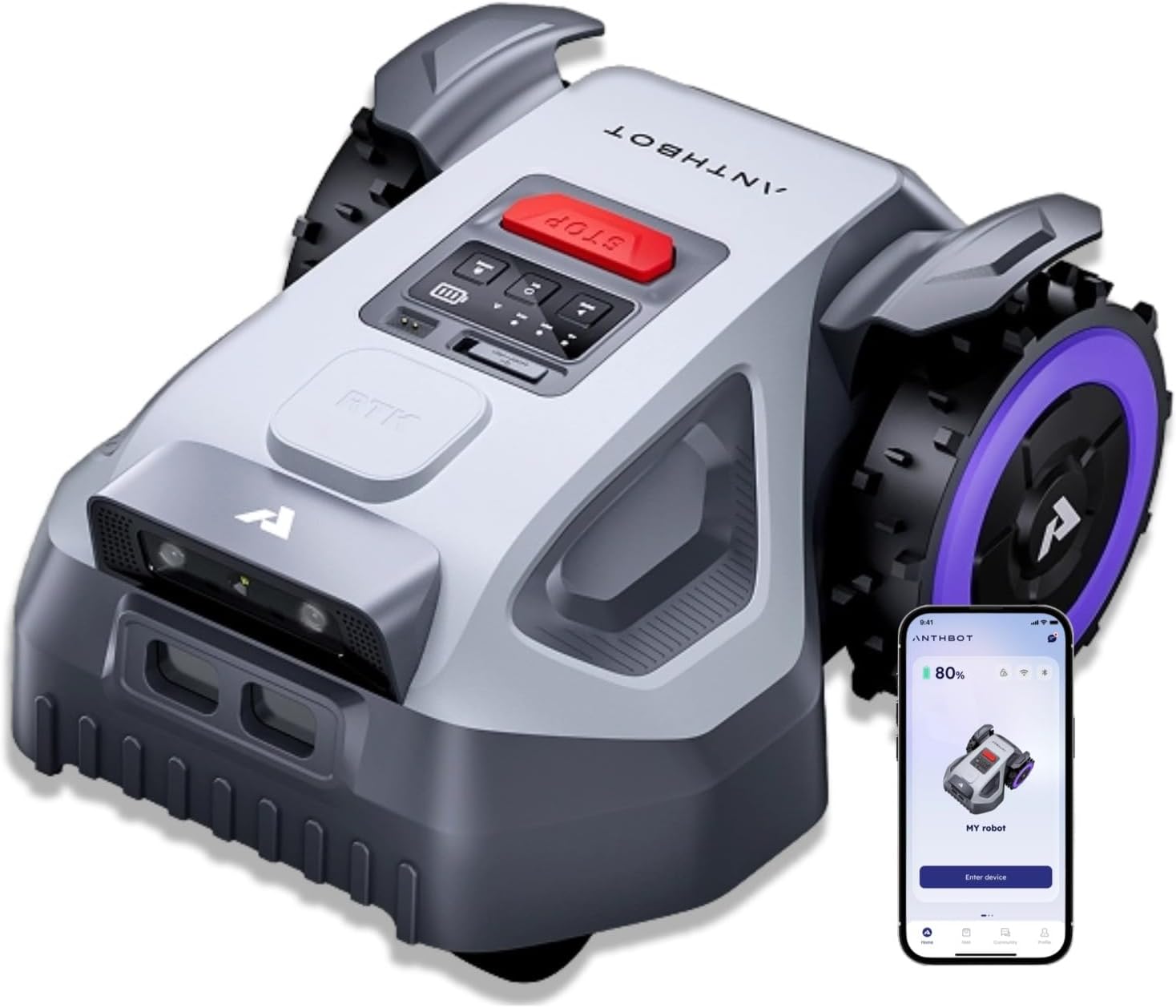 61RSXrgOh_L._AC_SL1500 ANTHBOT M9 Mähroboter ohne Begrenzungskabel, Neuer Genie mit RTK-Navigation und Dual-Vision, KI-Hindernisvermeidung, App-Steuerung, für Gärten bis 900 m² (max. 1200 m²), Rasenroboter mit 45% Steigung