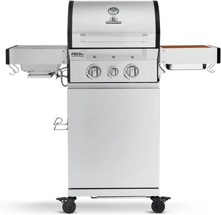 BURNHARD 2-Brenner Gasgrill FRED Jr. Deluxe Series 3 inkl. 900°C Infrarot-Keramikbrenner, Edelstahl-Grillrost, Grillabdeckung, Edelstahl Grillwagen + klappbare Seitentische