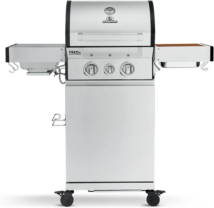 BURNHARD 2-Brenner Gasgrill FRED Jr. Deluxe Series 3 inkl. 900°C Infrarot-Keramikbrenner, Edelstahl-Grillrost, Grillabdeckung, Edelstahl Grillwagen + klappbare Seitentische
