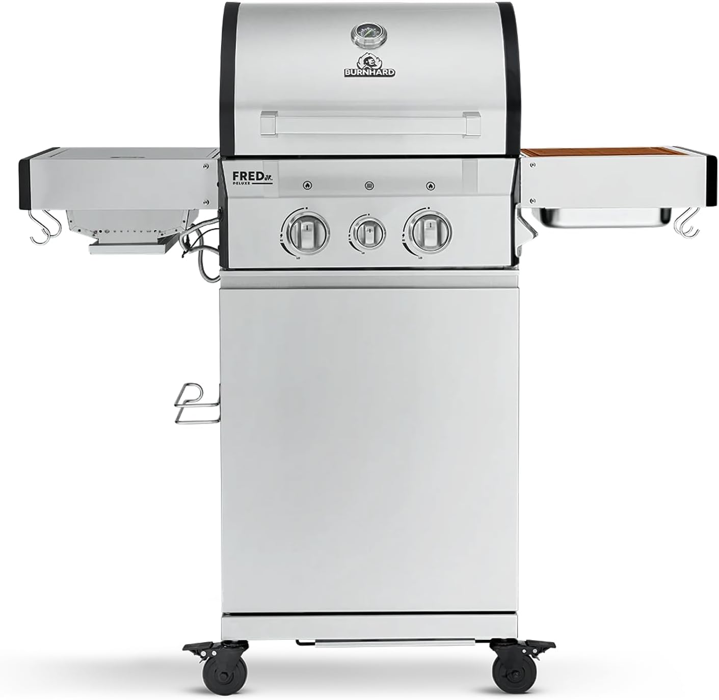 61jLWgTHP-L._AC_SL1500 BURNHARD 2-Brenner Gasgrill FRED Jr. Deluxe Series 3 inkl. 900°C Infrarot-Keramikbrenner, Edelstahl-Grillrost, Grillabdeckung, Edelstahl Grillwagen + klappbare Seitentische