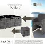tectake® Polyrattan Gartenmöbel Set, Sitzgruppe mit 6 Stühle + 1 Glasplatte Tisch + 4 Hocker, Gartenlounge Set klappbar mit Aluminium Gestell, für 10 Personen, Balkon Möbel, inkl. 2 Bezugsset - grau