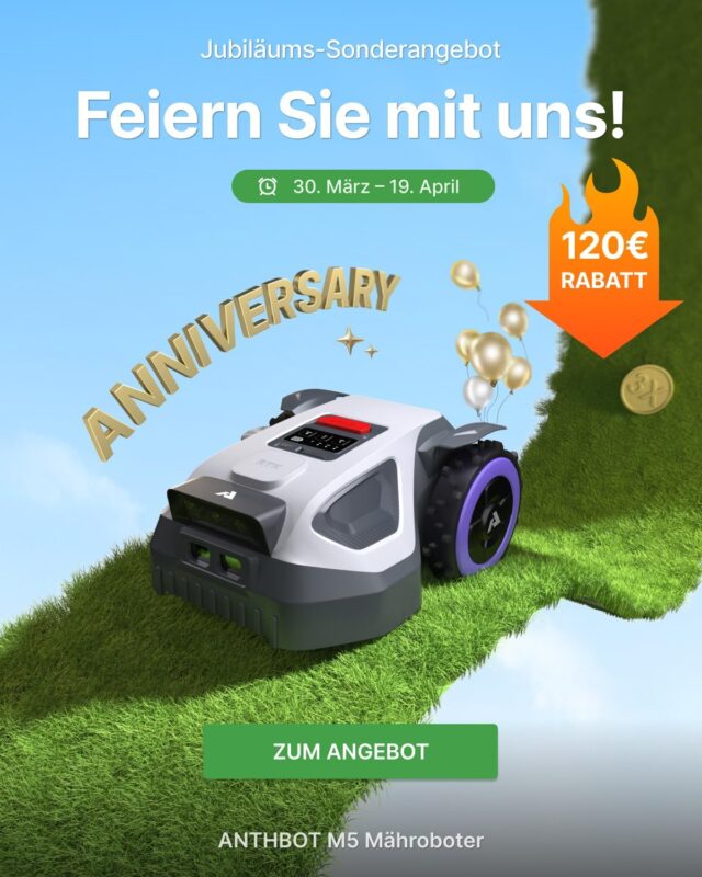 ANTHBOT M5 Mähroboter ohne Begrenzungskabel, Neuer Genie mit RTK-Navigation und Dual-Vision, KI-Hindernisvermeidung, App-Steuerung, für Gärten bis 500 m² (max. 700 m²), Rasenroboter mit 45% Steigung