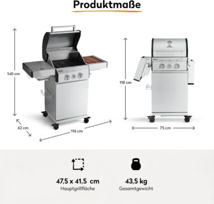 BURNHARD 2-Brenner Gasgrill FRED Jr. Deluxe Series 3 inkl. 900°C Infrarot-Keramikbrenner, Edelstahl-Grillrost, Grillabdeckung, Edelstahl Grillwagen + klappbare Seitentische