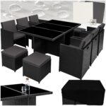 tectake® Polyrattan Gartenmöbel Set, Sitzgruppe mit 6 Stühle + 1 Glasplatte Tisch + 4 Hocker, Gartenlounge Set klappbar mit Aluminium Gestell, für 10 Personen, Balkon Möbel, inkl. 2 Bezugsset - grau
