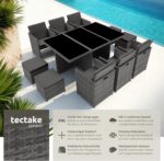 tectake® Polyrattan Gartenmöbel Set, Sitzgruppe mit 6 Stühle + 1 Glasplatte Tisch + 4 Hocker, Gartenlounge Set klappbar mit Aluminium Gestell, für 10 Personen, Balkon Möbel, inkl. 2 Bezugsset - grau