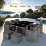 tectake® Polyrattan Gartenmöbel Set, Sitzgruppe mit 6 Stühle + 1 Glasplatte Tisch + 4 Hocker, Gartenlounge Set klappbar mit Aluminium Gestell, für 10 Personen, Balkon Möbel, inkl. 2 Bezugsset - grau