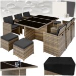tectake® Polyrattan Gartenmöbel Set, Sitzgruppe mit 6 Stühle + 1 Glasplatte Tisch + 4 Hocker, Gartenlounge Set klappbar mit Aluminium Gestell, für 10 Personen, Balkon Möbel, inkl. 2 Bezugsset - grau