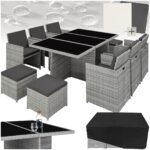 tectake® Polyrattan Gartenmöbel Set, Sitzgruppe mit 6 Stühle + 1 Glasplatte Tisch + 4 Hocker, Gartenlounge Set klappbar mit Aluminium Gestell, für 10 Personen, Balkon Möbel, inkl. 2 Bezugsset - grau