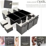 tectake® Polyrattan Gartenmöbel Set, Sitzgruppe mit 6 Stühle + 1 Glasplatte Tisch + 4 Hocker, Gartenlounge Set klappbar mit Aluminium Gestell, für 10 Personen, Balkon Möbel, inkl. 2 Bezugsset - grau