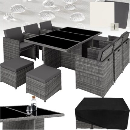 tectake® Polyrattan Gartenmöbel Set, Sitzgruppe mit 6 Stühle + 1 Glasplatte Tisch + 4 Hocker, Gartenlounge Set klappbar mit Aluminium Gestell, für 10 Personen, Balkon Möbel, inkl. 2 Bezugsset - grau