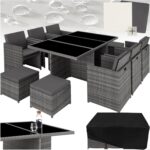 tectake® Polyrattan Gartenmöbel Set, Sitzgruppe mit 6 Stühle + 1 Glasplatte Tisch + 4 Hocker, Gartenlounge Set klappbar mit Aluminium Gestell, für 10 Personen, Balkon Möbel, inkl. 2 Bezugsset - grau