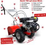 HECHT Benzin-Gartenfräse 750 Motorhacke Kultivator Bodenhacke Bodenfräse Fräse (Motorleistung: 4,7 kW (6,5 PS), 50 cm Arbeitsbreite, 4 Kreisel mit je 4 Messern)