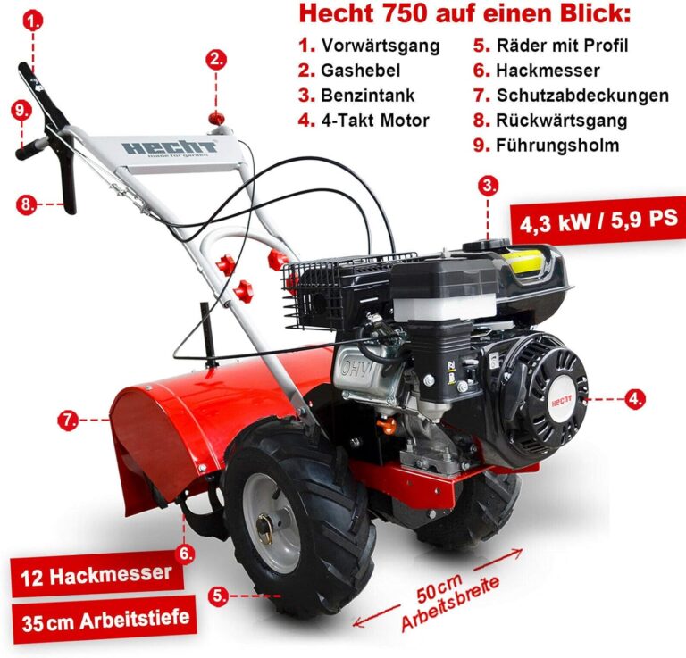 HECHT Benzin-Gartenfräse 750 Motorhacke Kultivator Bodenhacke Bodenfräse Fräse (Motorleistung: 4,7 kW (6,5 PS), 50 cm Arbeitsbreite, 4 Kreisel mit je 4 Messern)